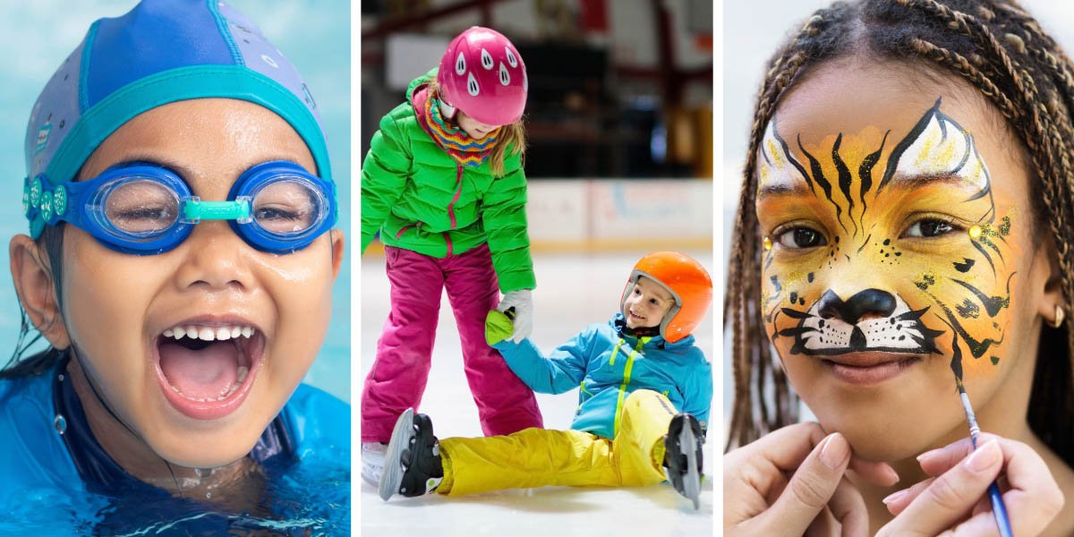 Child with facepaint, swimming and skating