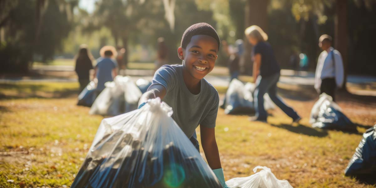 Boy smiling while working with people to clean up the community