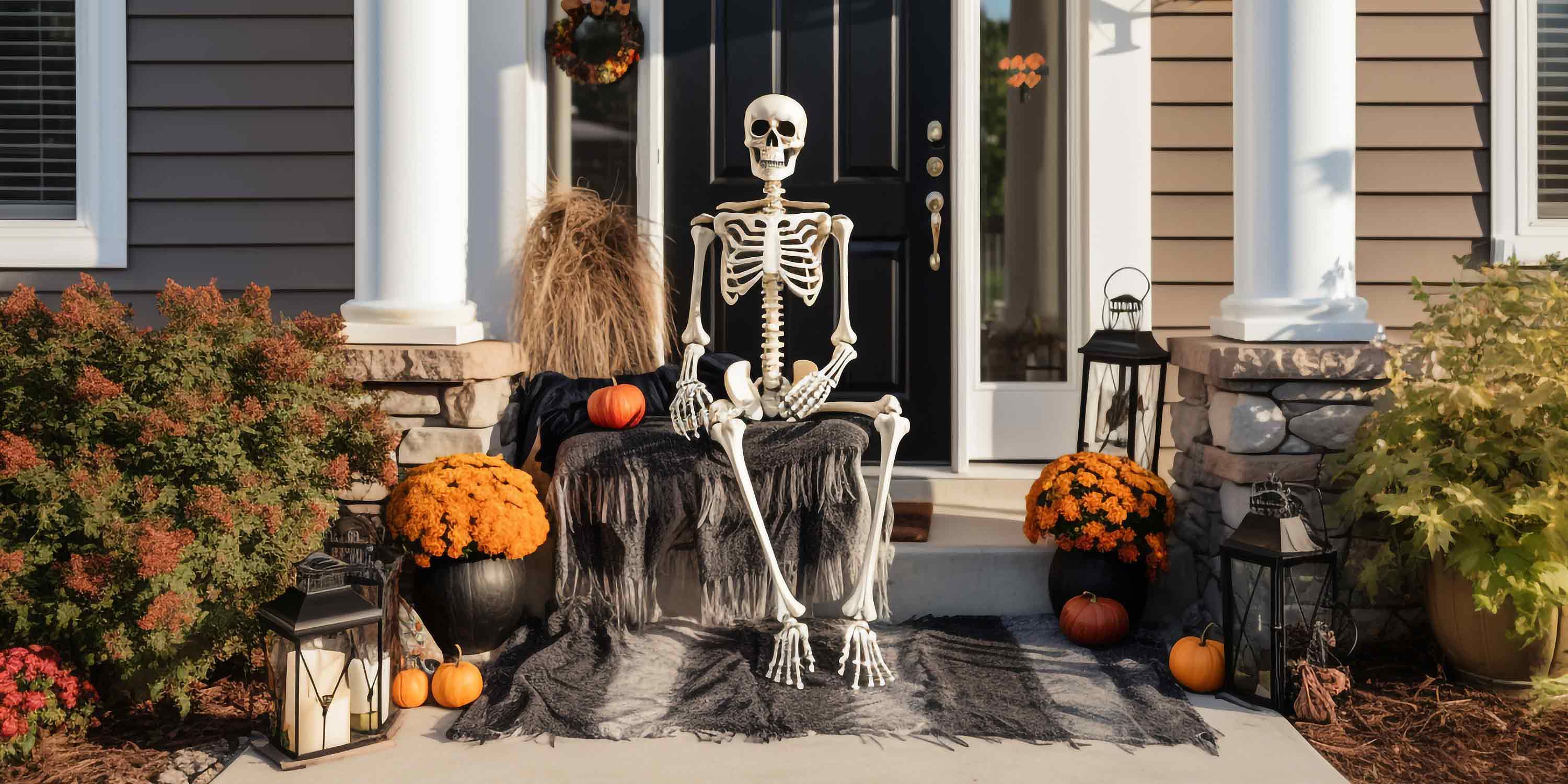 A skeleton sitting on a porch surrounded by harvest decor