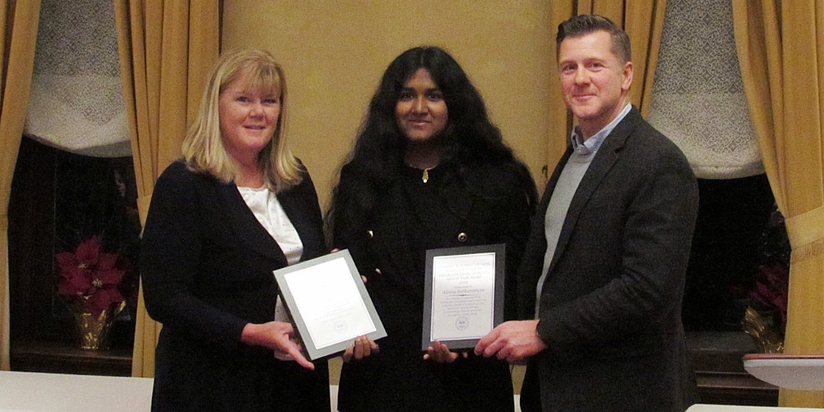 Mayor Elizabeth Roy, Celebrating Youth and The Spirit of Youth Award Recipient Abina Sutharanjan, and Michael May, Fieldgate Developments. 