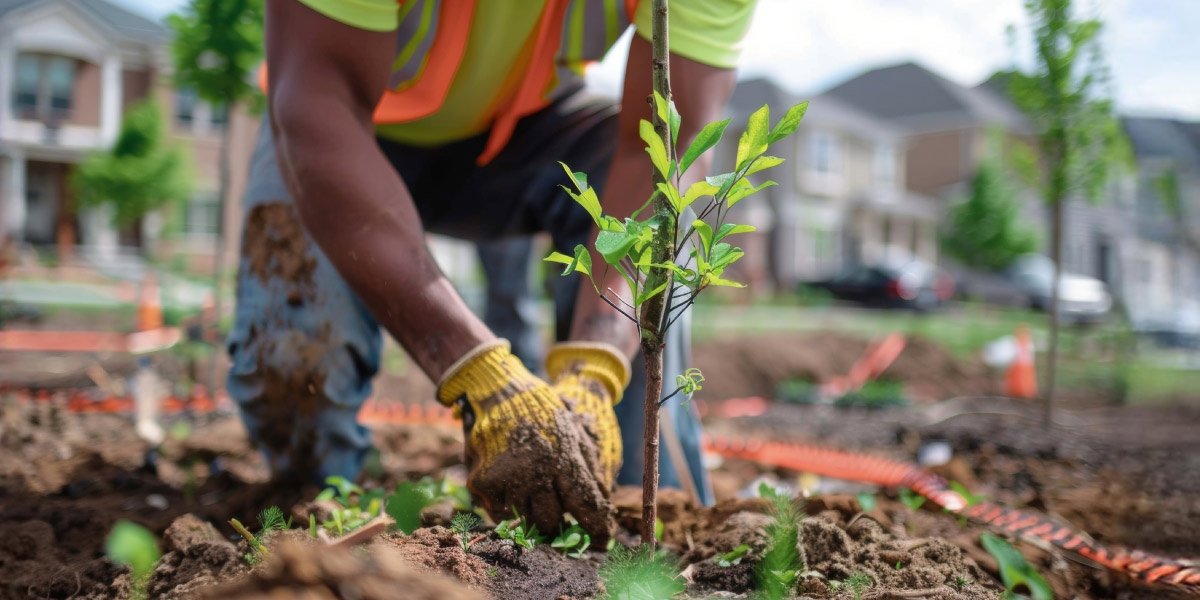 A person planting a tree in a neighbourhood wearing gloves.