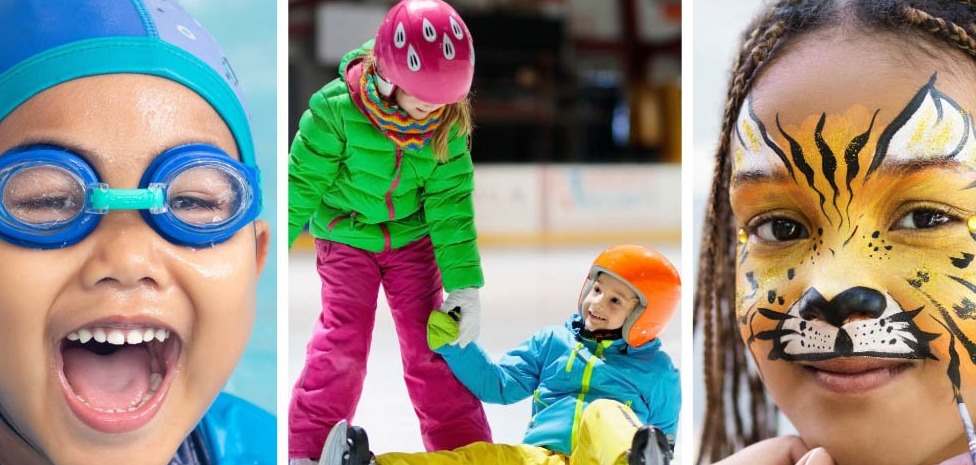 Child swimming, skating and face painting