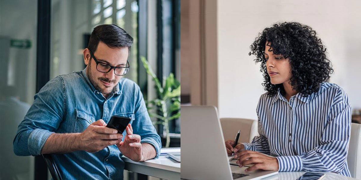 People in their home working on phone and computer