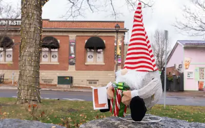 Plush gnome at park in Brooklin